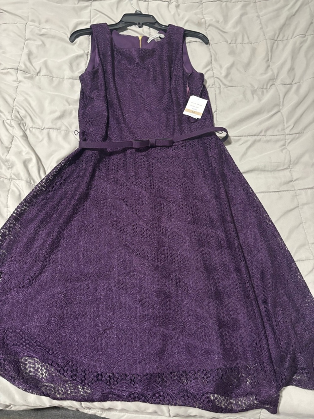 Sleeveless Purple Lace Fit & Flare Dress with Bow Belt